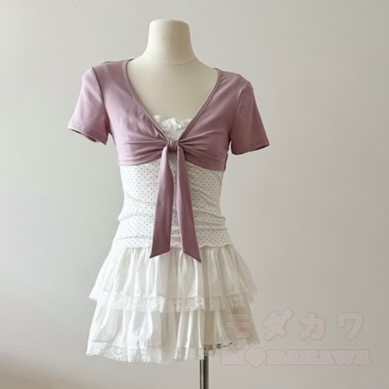 Zweiteiliges Set aus süßem Kurzarm-T-Shirt mit Schleife und Polka-Dots sowie einem Rock mit elastischem Bund - Lila Top - XL - image 2