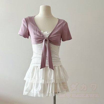 Zweiteiliges Set aus süßem Kurzarm-T-Shirt mit Schleife und Polka-Dots sowie einem Rock mit elastischem Bund - Lila Top - XL - image 2