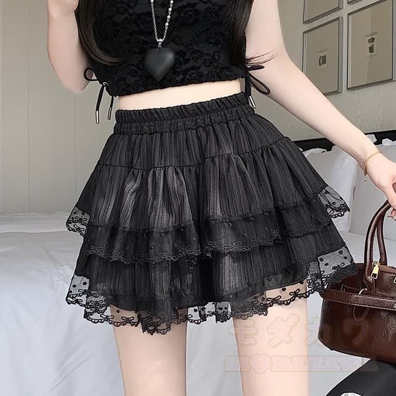Zweiteiliges Set aus süßem Kurzarm-T-Shirt mit Schleife und Polka-Dots sowie einem Rock mit elastischem Bund - Schwarzer Rock - XL - image 9