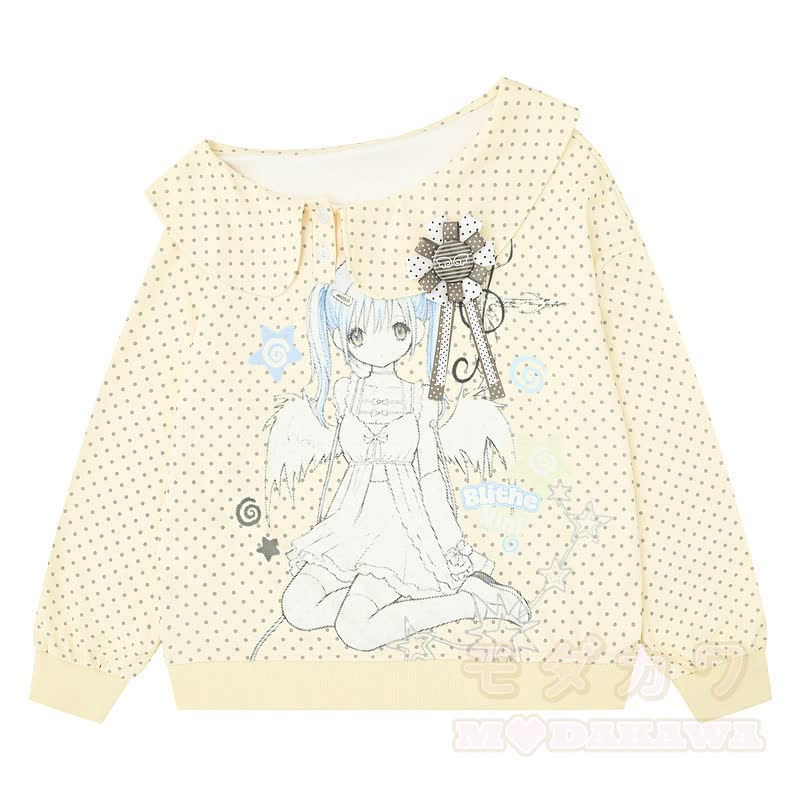 Zweiteiliges Set aus Sweatshirt mit Matrosenkragen und Polka-Dot-Rock im Cartoon-Anime-Stil - Gelbes Oberteil - XL - image 2