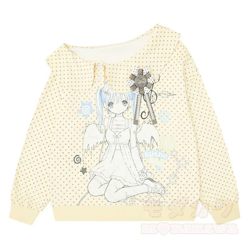 Zweiteiliges Set aus Sweatshirt mit Matrosenkragen und Polka-Dot-Rock im Cartoon-Anime-Stil - Gelbes Oberteil - XL - image 2