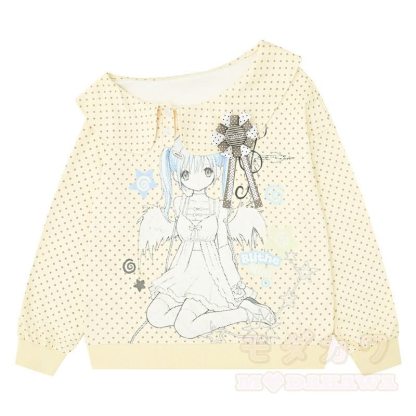 Zweiteiliges Set aus Sweatshirt mit Matrosenkragen und Polka-Dot-Rock im Cartoon-Anime-Stil - Gelbes Oberteil - XL - image 2