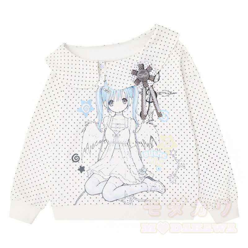 Zweiteiliges Set aus Sweatshirt mit Matrosenkragen und Polka-Dot-Rock im Cartoon-Anime-Stil - Weißes Oberteil - XL - image 4