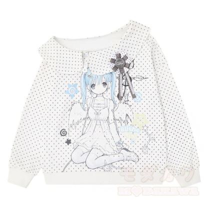 Zweiteiliges Set aus Sweatshirt mit Matrosenkragen und Polka-Dot-Rock im Cartoon-Anime-Stil - Weißes Oberteil - XL - image 4