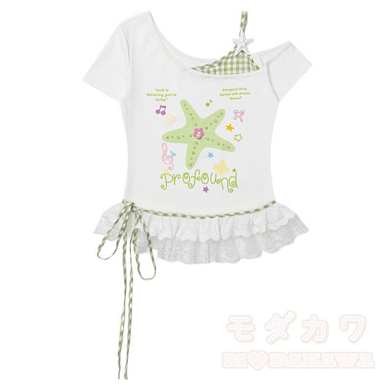 Zweiteiliges Set: Sternenmuster-Top mit schulterfreiem Spitzeneinsatz, gepunktete Hose mit weitem Bein und passendem Spitzentop mit Polka-Dot-Print, schulterfreiem Top und gepunkteter Hose mit weitem Bein - Grüne Spitze - L - image 5