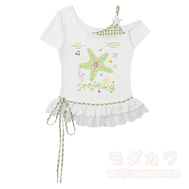 Zweiteiliges Set: Sternenmuster-Top mit schulterfreiem Spitzeneinsatz, gepunktete Hose mit weitem Bein und passendem Spitzentop mit Polka-Dot-Print, schulterfreiem Top und gepunkteter Hose mit weitem Bein - Grüne Spitze - L - image 5