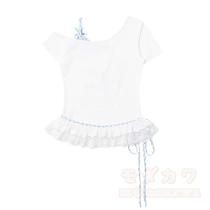 Zweiteiliges Set: Sternenmuster-Top mit schulterfreiem Spitzeneinsatz, gepunktete Hose mit weitem Bein und passendem Spitzentop mit Polka-Dot-Print, schulterfreiem Top und gepunkteter Hose mit weitem Bein - image 4
