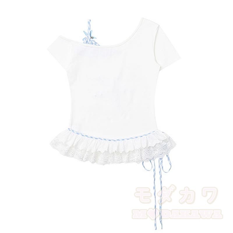 Zweiteiliges Set: Sternenmuster-Top mit schulterfreiem Spitzeneinsatz, gepunktete Hose mit weitem Bein und passendem Spitzentop mit Polka-Dot-Print, schulterfreiem Top und gepunkteter Hose mit weitem Bein - image 4