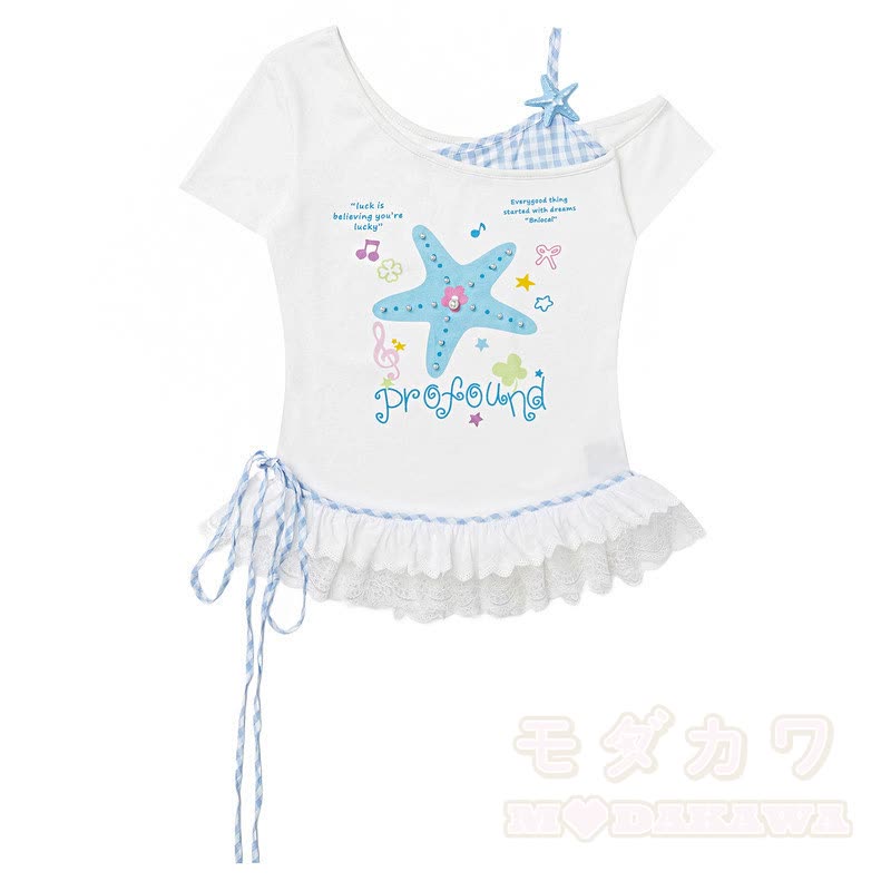 Zweiteiliges Set: Sternenmuster-Top mit schulterfreiem Spitzeneinsatz, gepunktete Hose mit weitem Bein und passendem Spitzentop mit Polka-Dot-Print, schulterfreiem Top und gepunkteter Hose mit weitem Bein - Blaues Oberteil - L - image 3