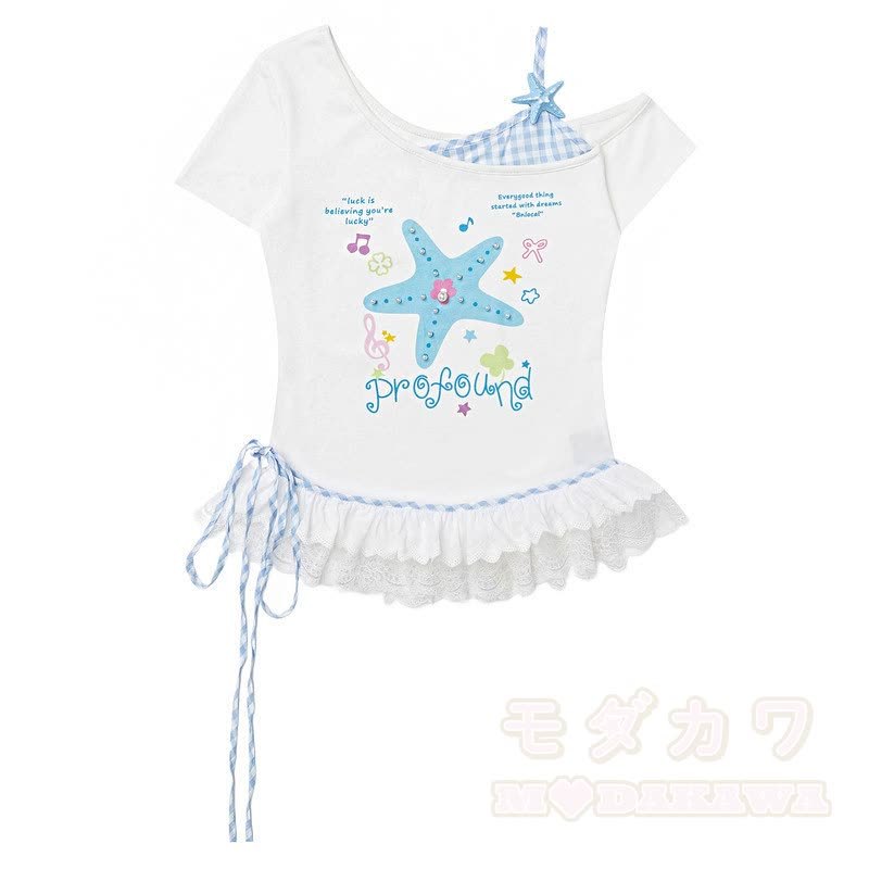 Zweiteiliges Set: Sternenmuster-Top mit schulterfreiem Spitzeneinsatz, gepunktete Hose mit weitem Bein und passendem Spitzentop mit Polka-Dot-Print, schulterfreiem Top und gepunkteter Hose mit weitem Bein - Blaues Oberteil - L - image 3