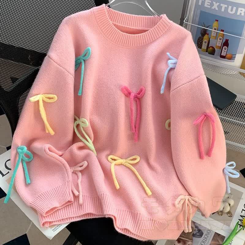 Zweiteiliges Set aus buntem, übergroßem Strickpullover mit Rundhalsausschnitt und passendem Lagenrock mit Schleife - Rosa Top - 2XL - image 6