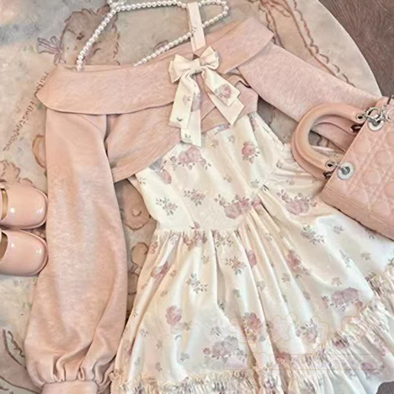 Süßes Rüschen-Crop-Top mit schulterfreiem Oberteil und gestuftem Blumenkleid, zweiteiliges Set - image 2