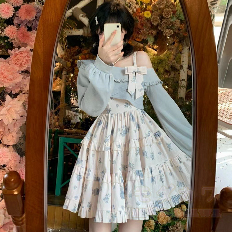 Süßes Rüschen-Crop-Top mit schulterfreiem Oberteil und gestuftem Blumenkleid, zweiteiliges Set - image 3