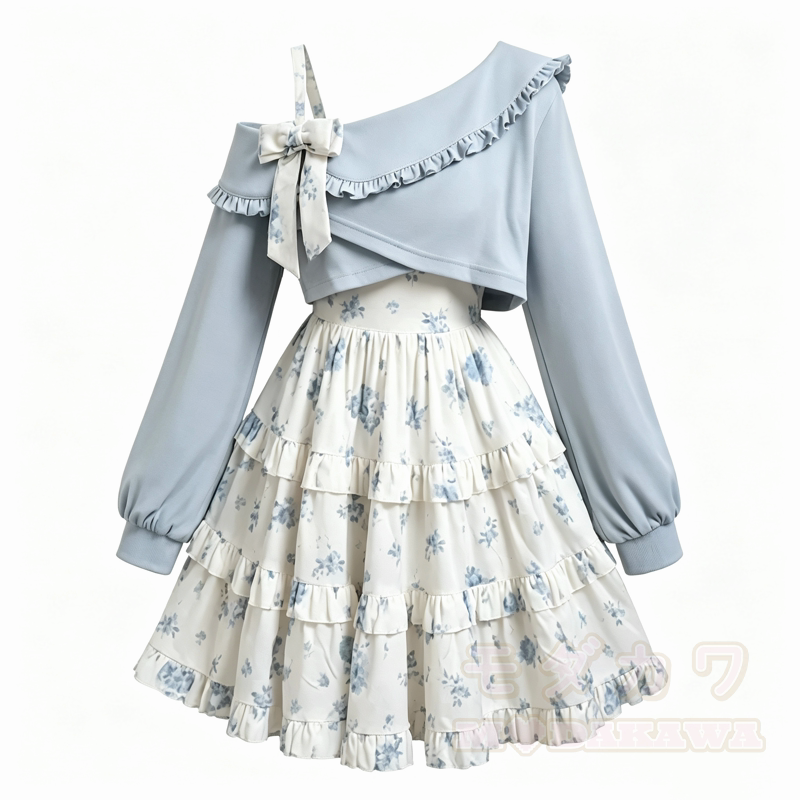 Süßes Rüschen-Crop-Top mit schulterfreiem Oberteil und gestuftem Blumenkleid, zweiteiliges Set - Blaues Set - XL - image 5