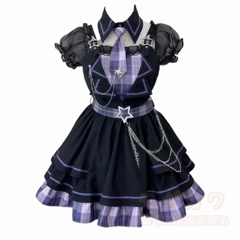 Lolita Fashion Plaid Star Chain Decor Fake Two Piece Dress - Lila - XL - image 3