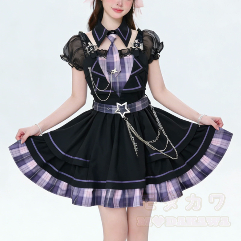 Lolita Fashion Plaid Star Chain Decor Fake Two Piece Dress - image 2
