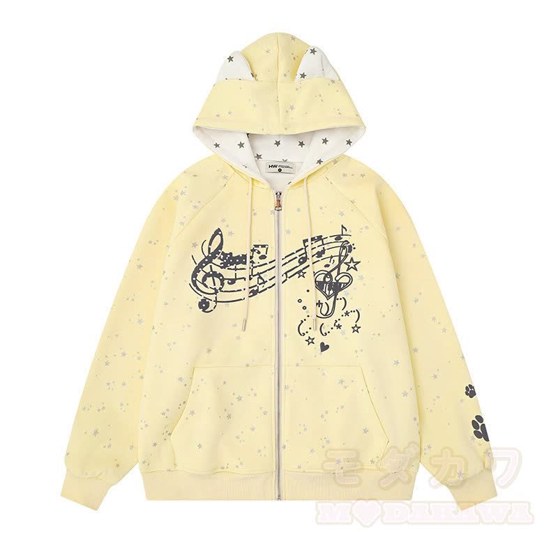 Hochwertiger Kapuzenpullover mit Cartoon-Katzenohren-Motiv und Reißverschluss - Gelb - XL - image 2