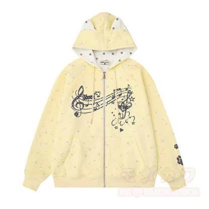 Hochwertiger Kapuzenpullover mit Cartoon-Katzenohren-Motiv und Reißverschluss - Gelb - XL - image 2