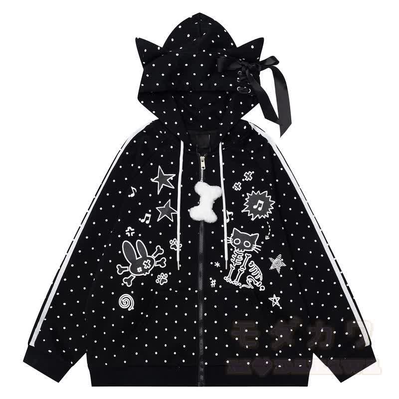Hochwertige, strapazierfähige Kapuzenjacke mit Polka-Dot-Muster, Schleife und Reißverschluss - Schwarz - L - image 3