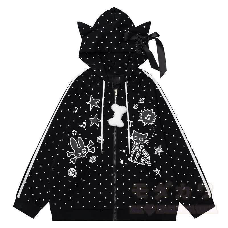 Hochwertige, strapazierfähige Kapuzenjacke mit Polka-Dot-Muster, Schleife und Reißverschluss - Schwarz - L - image 3