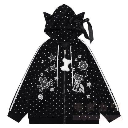 Hochwertige, strapazierfähige Kapuzenjacke mit Polka-Dot-Muster, Schleife und Reißverschluss - Schwarz - L - image 3