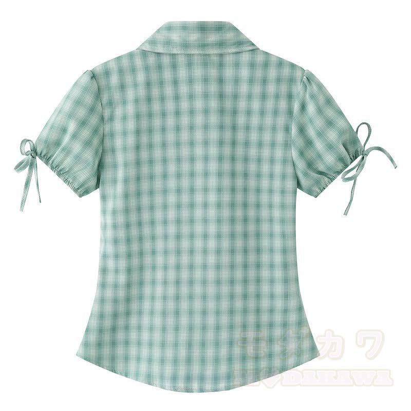 Hemd mit kariertem Stickerei-Krawattenkragen, Puffärmeln und kurzem Revers - image 2
