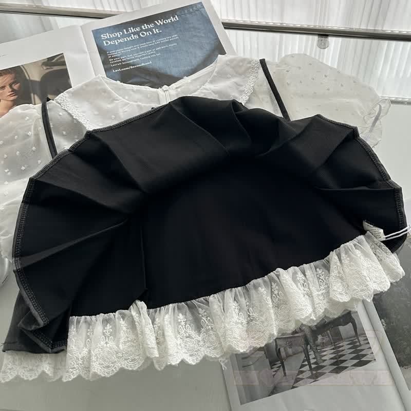 Zweiteiliges Set aus süßem Spitzen-Camisole mit Schleife und Faltenrock - image 6