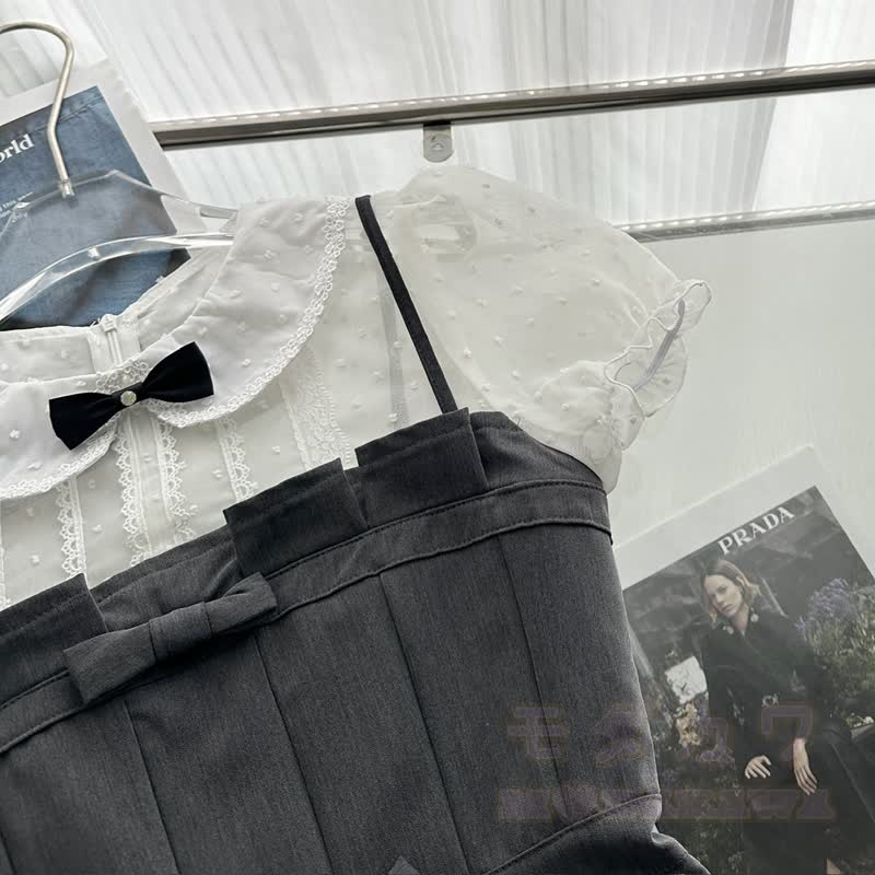 Zweiteiliges Set aus süßem Spitzen-Camisole mit Schleife und Faltenrock - image 8