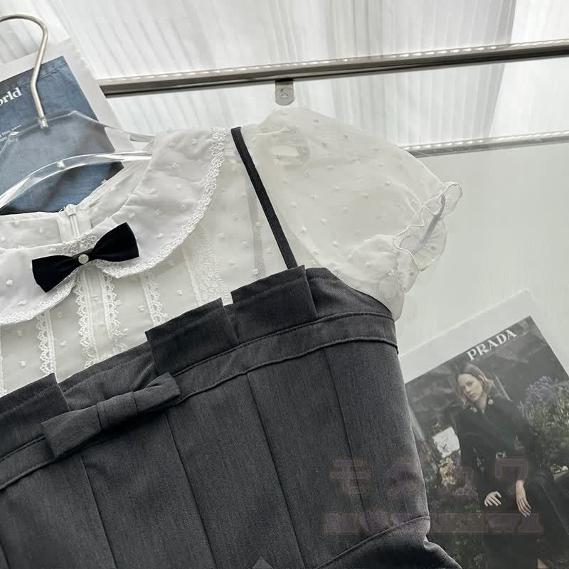 Zweiteiliges Set aus süßem Spitzen-Camisole mit Schleife und Faltenrock - image 8