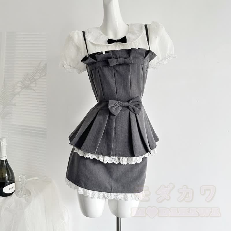 Zweiteiliges Set aus süßem Spitzen-Camisole mit Schleife und Faltenrock - Satz - L - image 3