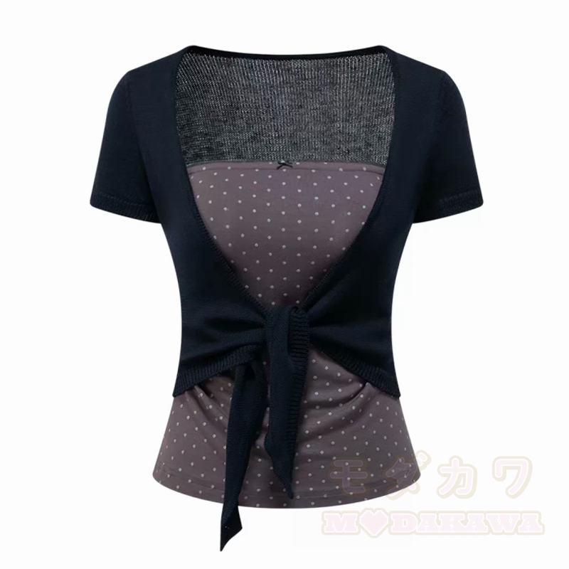 Dreiteiliges Set aus gepunktetem Top, geknoteter Kurzarm-Strickjacke und Stufenrock - image 5