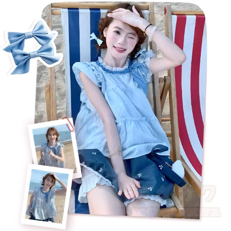 Zweiteiliges Set: Bluse mit zarten Schleifenärmeln, Rock mit Rüschen und Schleifenprint - image 1