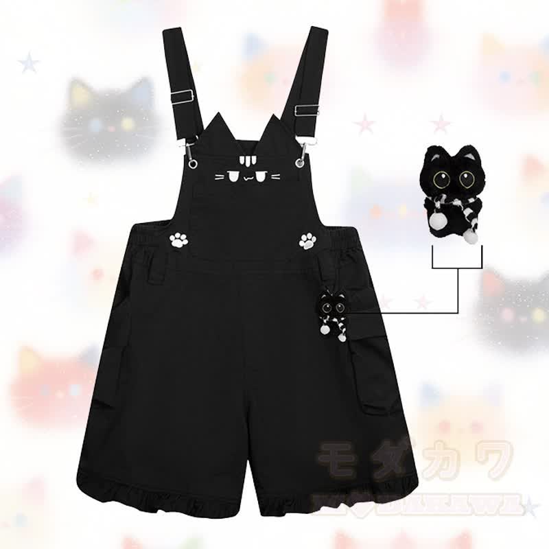 Hochwertige Latzhose mit niedlicher Katzenstickerei und Katzenanhänger - Schwarz - L - image 1