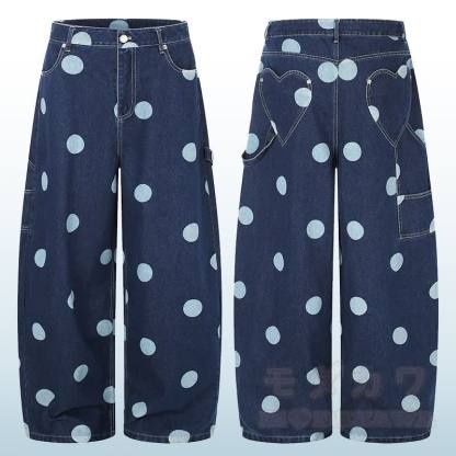 Hochwertige, strapazierfähige Jeans mit weitem Bein und Polka-Dot-Print - image 1