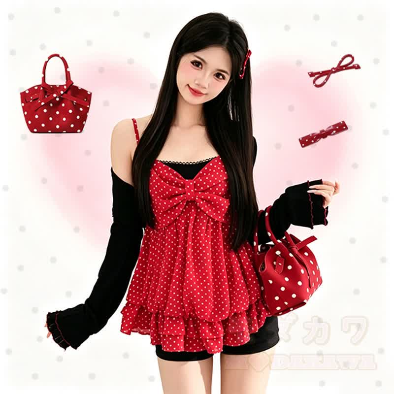 Süßes Polka-Dot-Schleifen-Top, Langarm-Cardigan, zweiteiliges Set mit passender Beuteltasche - image 1