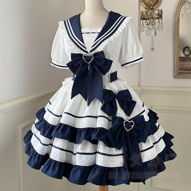 Marineblaues Kleid mit Matrosenkragen, Schleife, Rüschen und gestuften Lolita-Puffärmeln - image 1