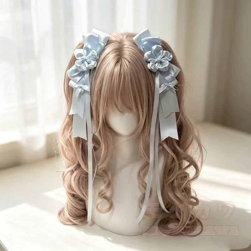 Lolita-Haarspangen mit Blumenmuster und Schleife für lange Zöpfe - Blau - image 1