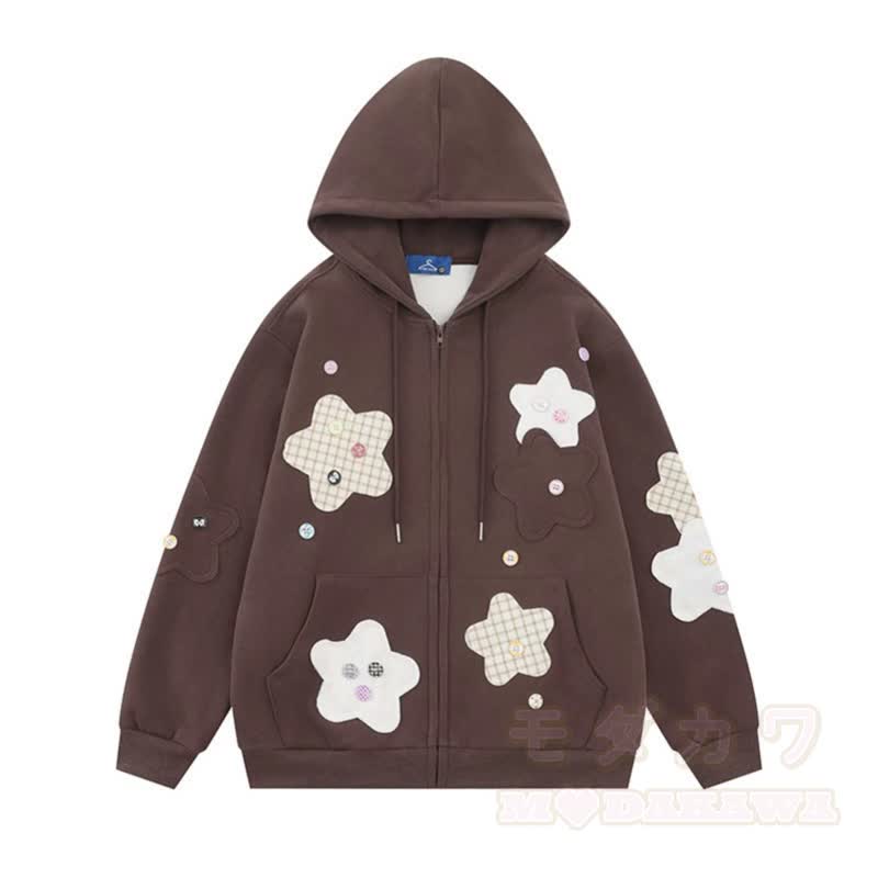 Hochwertige, strapazierfähige Kapuzenjacke mit Patchwork-Muster und Blumenmuster - Braun - XL - image 2