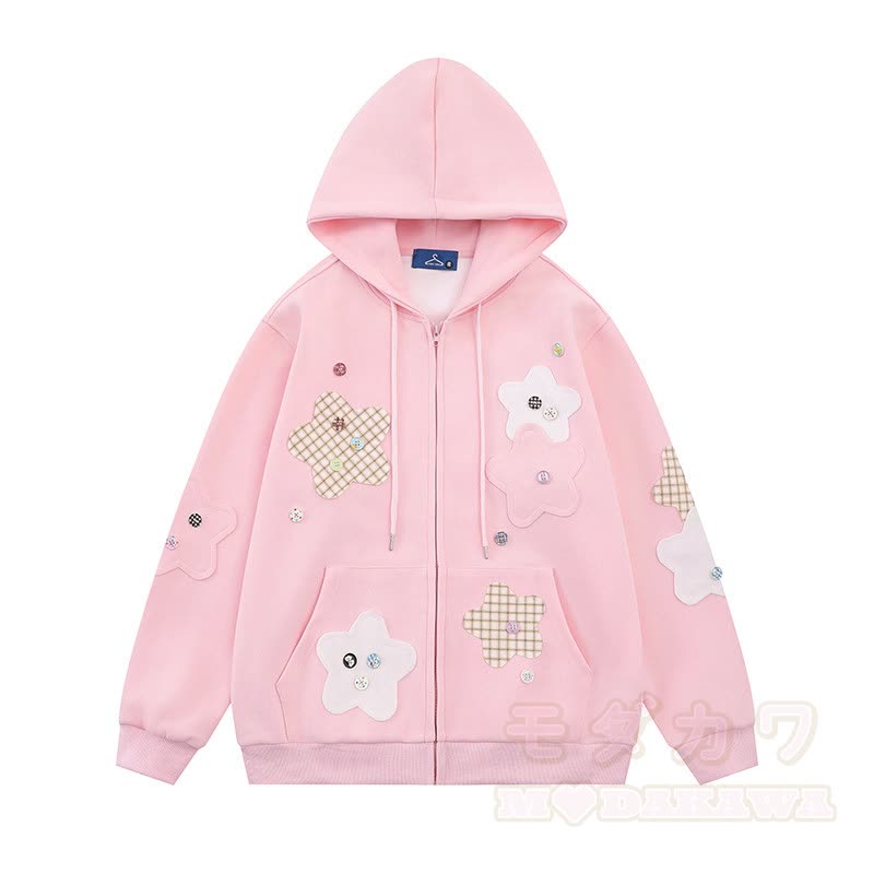 Hochwertige, strapazierfähige Kapuzenjacke mit Patchwork-Muster und Blumenmuster - Rosa - XL - image 3