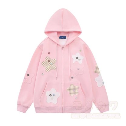 Hochwertige, strapazierfähige Kapuzenjacke mit Patchwork-Muster und Blumenmuster - Rosa - XL - image 3