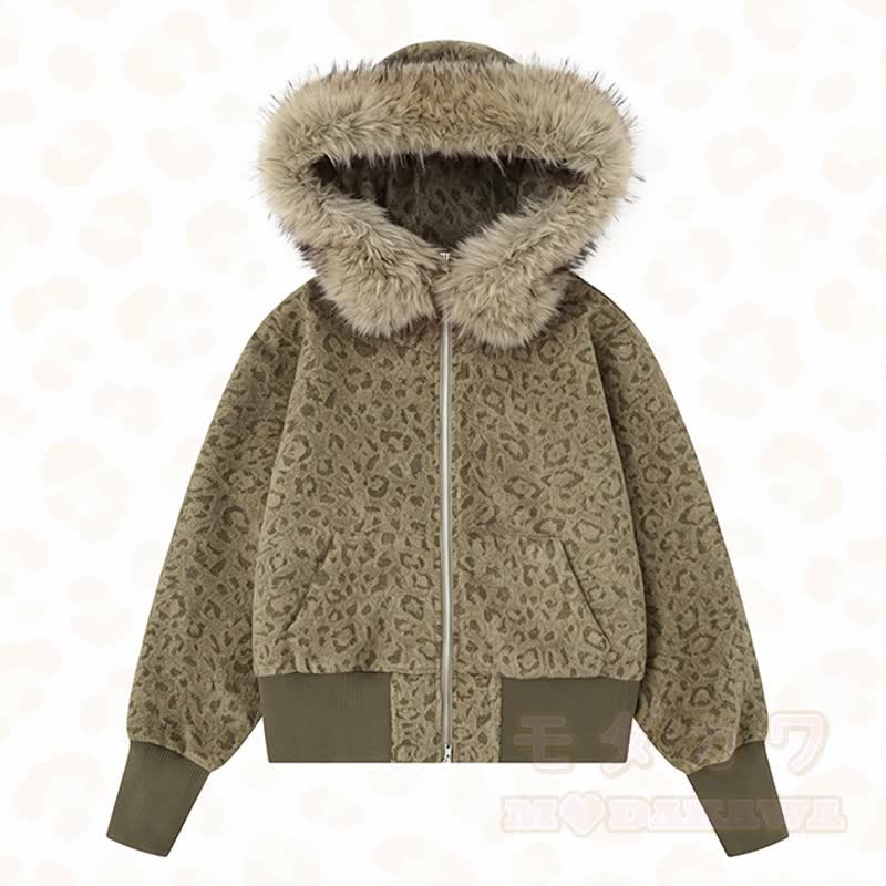 Hochwertige Kapuzenjacke mit Leopardenmuster und Reißverschluss - Grün - L - image 1