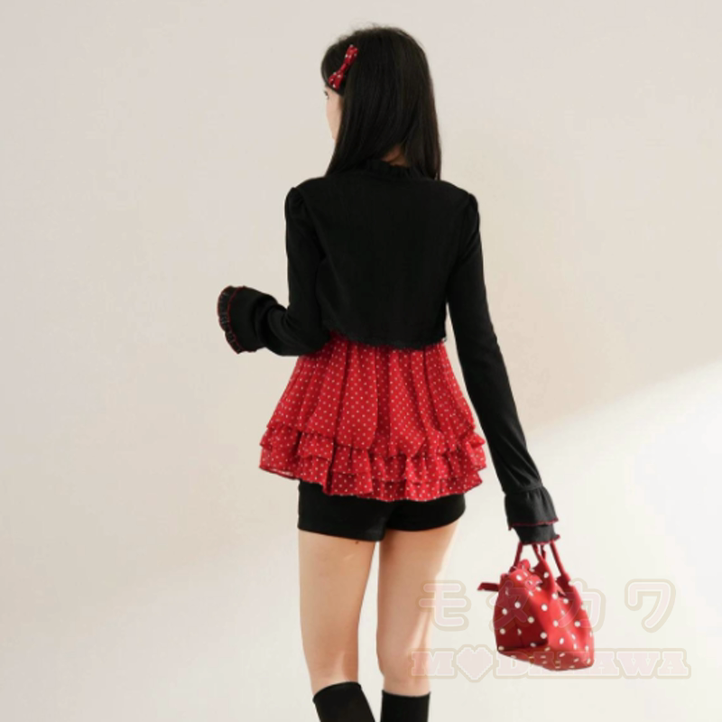 Süßes Polka-Dot-Schleifen-Top, Langarm-Cardigan, zweiteiliges Set mit passender Beuteltasche - image 9