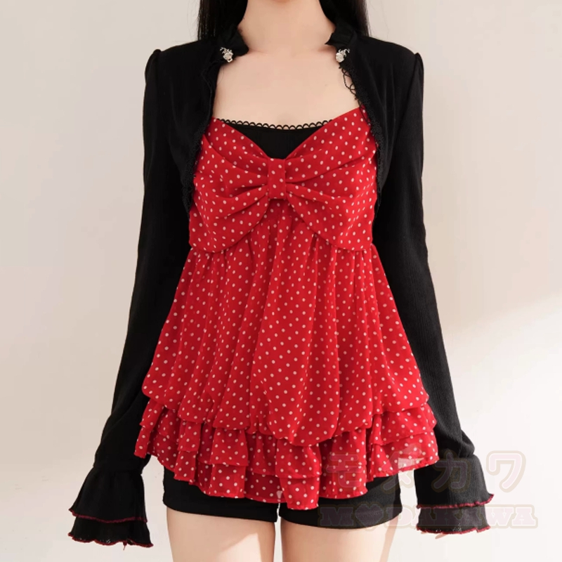 Süßes Polka-Dot-Schleifen-Top, Langarm-Cardigan, zweiteiliges Set mit passender Beuteltasche - Cami Top - One Size - image 8