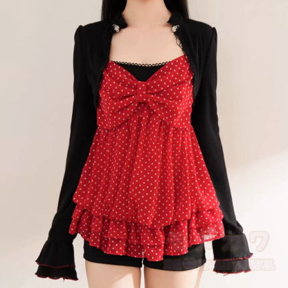 Süßes Polka-Dot-Schleifen-Top, Langarm-Cardigan, zweiteiliges Set mit passender Beuteltasche - Cami Top - One Size - image 8