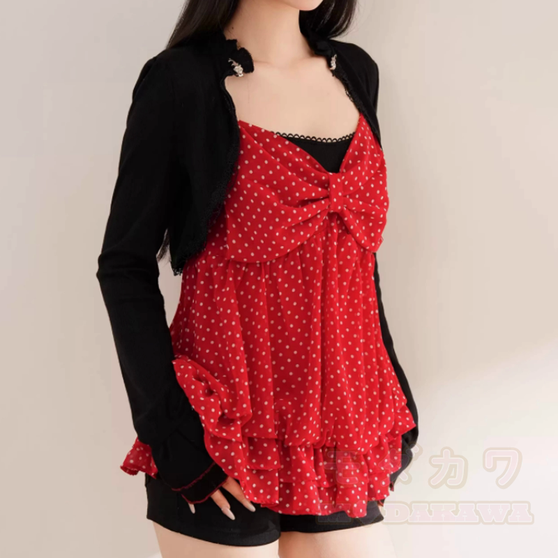 Süßes Polka-Dot-Schleifen-Top, Langarm-Cardigan, zweiteiliges Set mit passender Beuteltasche - Strickjacke - One Size - image 6
