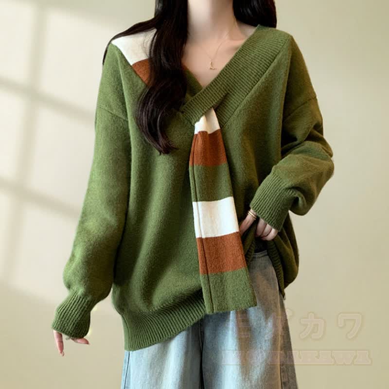 Zweiteiliges Set: Farben -Strickpullover mit V-Ausschnitt und A-Linien-Rock - image 2