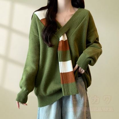 Zweiteiliges Set: Farben -Strickpullover mit V-Ausschnitt und A-Linien-Rock - image 2