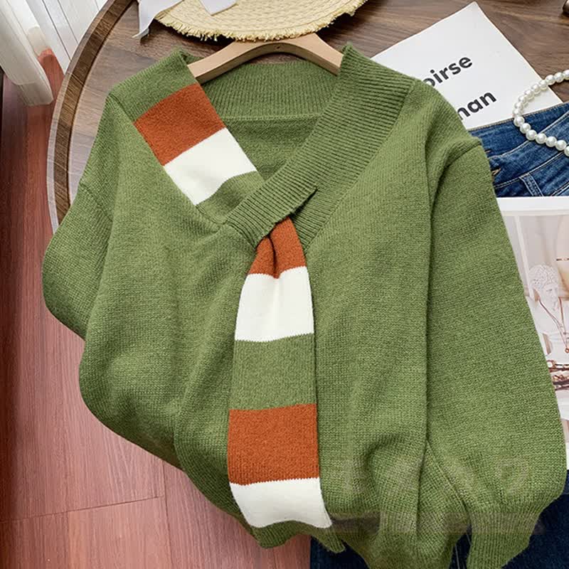Zweiteiliges Set: Farben -Strickpullover mit V-Ausschnitt und A-Linien-Rock - image 6