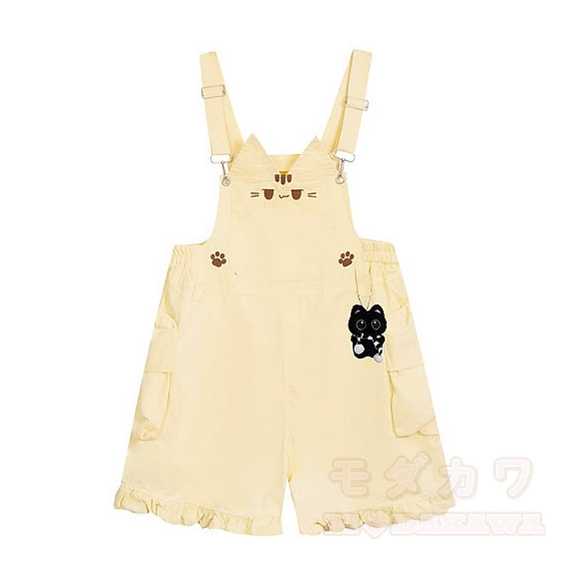 Hochwertige Latzhose mit niedlicher Katzenstickerei und Katzenanhänger - Beige - L - image 3