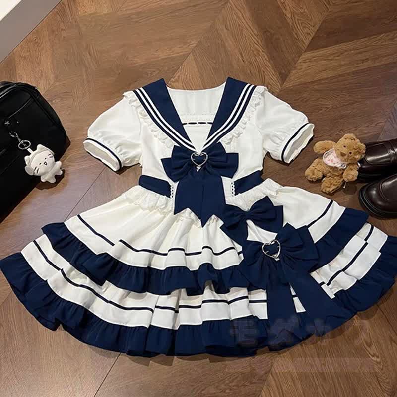 Marineblaues Kleid mit Matrosenkragen, Schleife, Rüschen und gestuften Lolita-Puffärmeln - Blau - XL - image 3